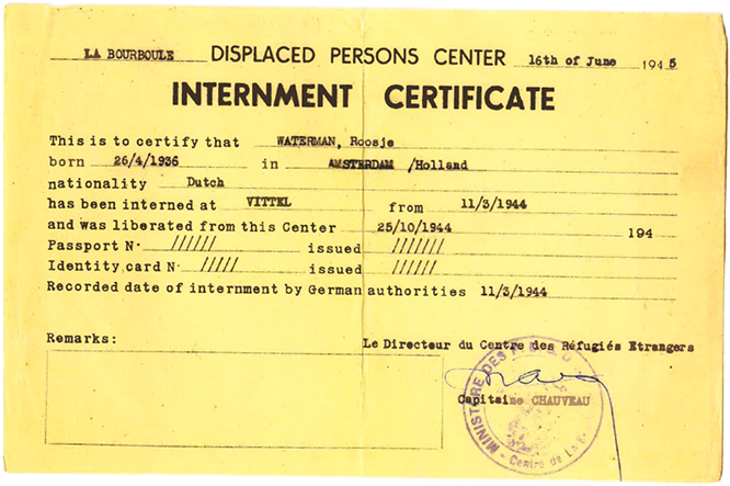 A yellowed, official document from the La Bourboule Displaced Persons Center, dated June 16, 1945. Titled 'INTERNMENT CERTIFICATE,' it certifies the internment of Roosje Waterman, born April 26, 1936, in Amsterdam. The document states she was interned at Vittel starting March 11, 1944, and was liberated on October 25, 1944. It features a circular official stamp and the signature of 'Capitaine CHAUVEAU.'