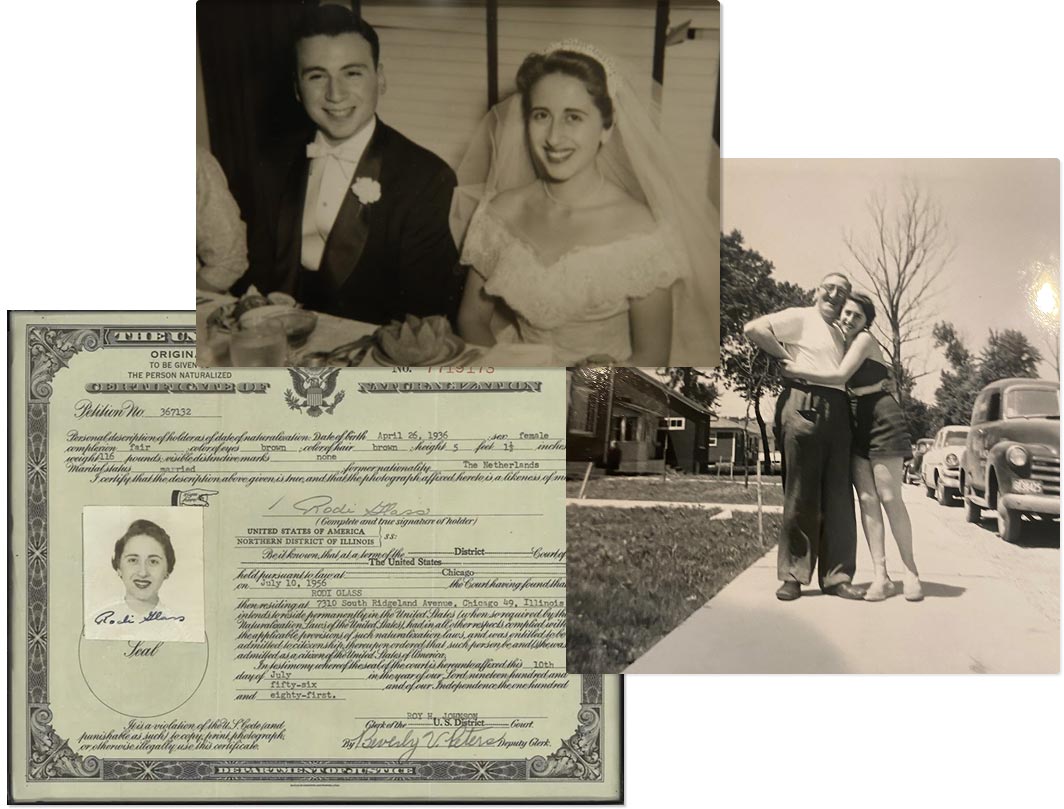A composite image showing three photographs: (Left) Rodi's U.S. Naturalization Certificate from 1956. (Center) Wedding Photo of Rodi and Marvin Glass. (Right) Rodi and her father in Chicago.